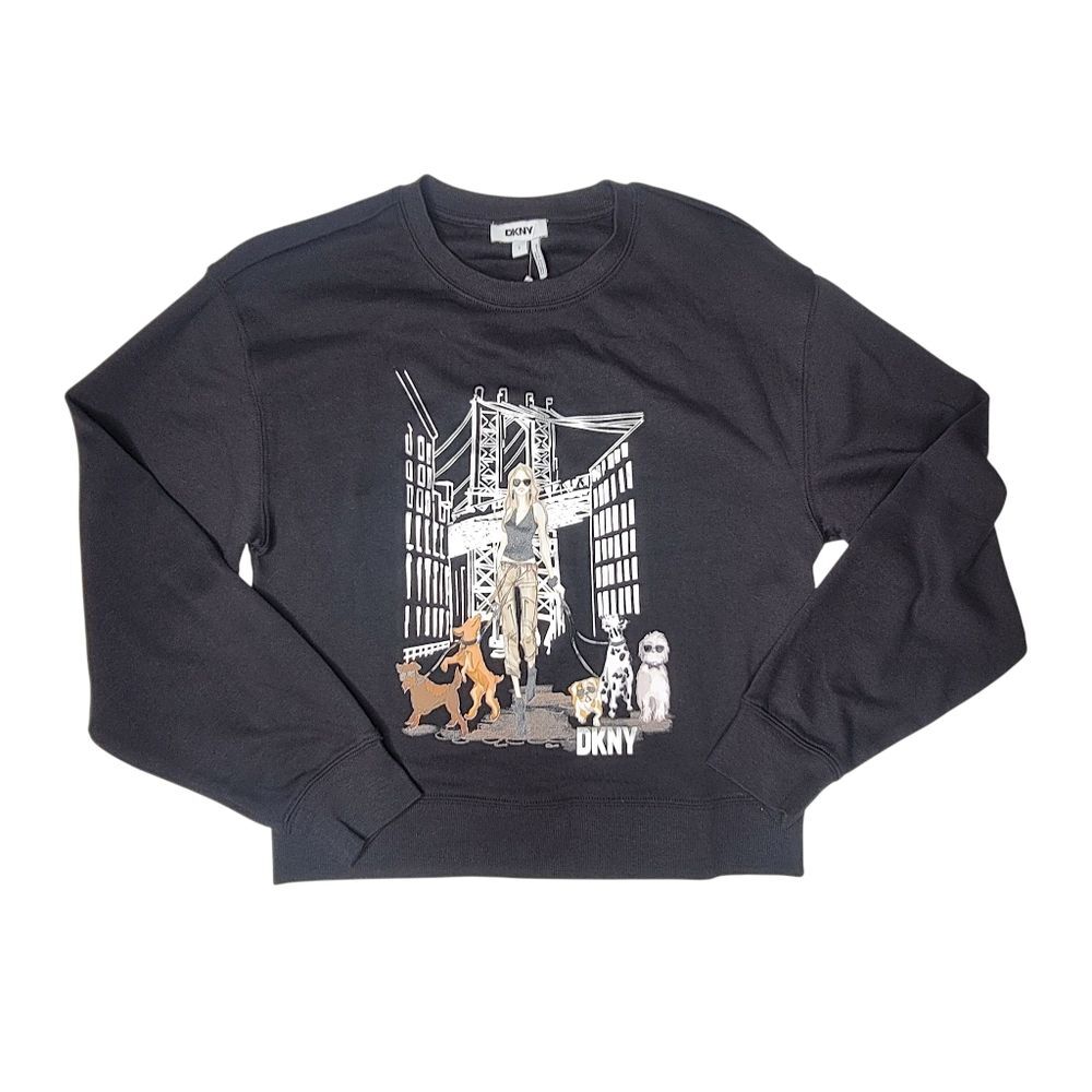 DKNY Black Sweater with Metallic Silver Brooklyn Bridge Dog Walker